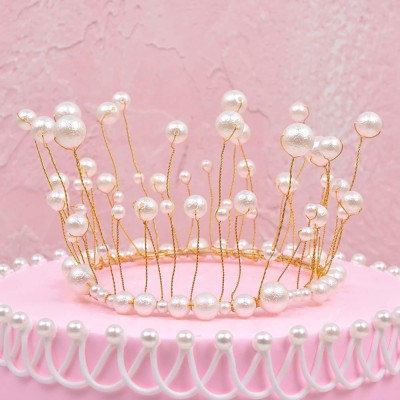 Inllex Pearl Princess Crown Tiara | Pearl Cake Topper | Birthday, Wedding Cake Decor | Bride Crown Hair Ornament | Wedding Cake Topper | Princess Crown Cake Topper with Shiny White Pearls Cake Topper(Silver, Gold Pack of 1)