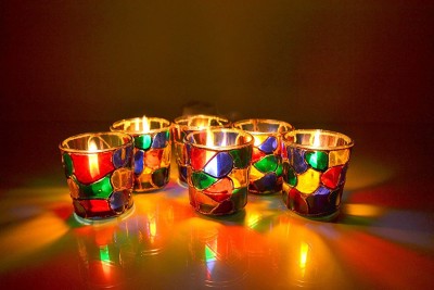 DESHILP Glass Candle Holders for Home Decor for Living Room Table Home Decor Indoor Outdoor Decorations 6.5cm Multi Color Hand Painted Glass Tealight Candle Holder (4) Glass 6 - Cup Candle Holder Set(Multicolor, Pack of 6)