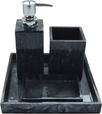 Toffee and Candy Tranquil Square | Bathroom Accessory Set | Glossy Marble Finish Royal Black Premium Design | Set of 4 | Soap Holder, Dispenser, Tumbler and Tray Marble Bathroom Set(Pack of 1)