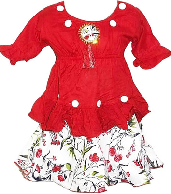NKG FASHION Indi Girls Midi/Knee Length Festive/Wedding Dress(Red, 3/4 Sleeve)