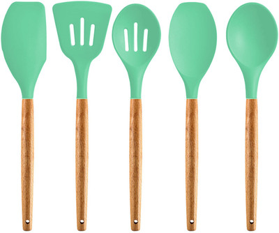 Flipkart SmartBuy Premium Silicone Utensils Set with Authentic Hardwood Handles, Green Set of 5 Kitchen Tool Set(Green, Spatula)