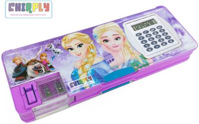 CHIRPLY Magnetic Superhero FROZEN Pencil Box with Reversible CALCULATOR, 2-Sided Cartoon Printed Case for School, Birthday Gift for Kids Art Plastic Pencil Box