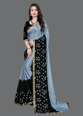 LAHEJA Embellished, Geometric Print Bandhani Silk Blend Saree(Grey, Black)