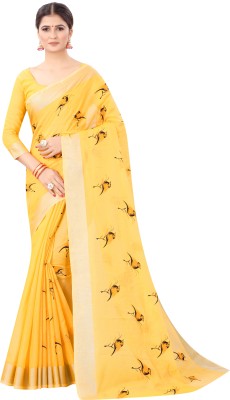 Fashionseye Printed Chanderi Cotton Linen Blend Saree(Yellow)