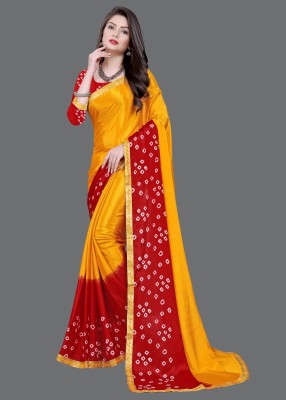 LAHEJA Embellished, Geometric Print Bandhani Silk Blend Saree(Yellow, Red)
