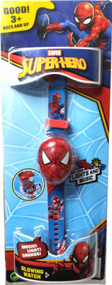 Cabin Hut SPYDARMAN Action Figure Face Based Web Shooter WristWatch with Light (Multicolor LED rotating pattern Light And Music For Kids | Wearable toy for kids (Red)(Red)