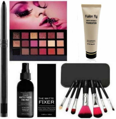 FUSION FLY Smudge Proof Essential Makeup HD14 Beauty Kajal & Professional Set of 7 Makeup Brush & Rose Gold New York Edition Eyeshadow Palette & The Matte Fixer Face Spray & Full Coverage Face & Body Foundation(11 Items in the set) FUSION FLY Smudge Proof Essential Makeup HD14 Beauty Kajal & Professional Set of 7 Makeup Brush & Rose Gold New York Edition Eyeshadow Palette & The Matte Fixer Face Spray & Full Coverage Face & Body Foundation(11 Items in the set)