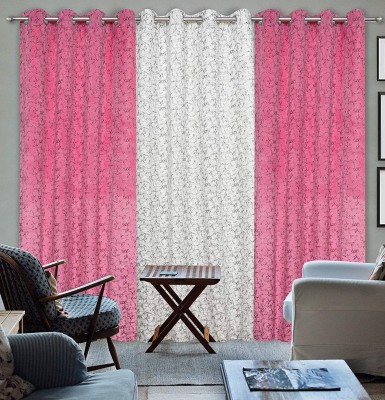 Kraftiq Homes 183 cm (6 ft) Velvet Room Darkening Window Curtain (Pack Of 3)(Printed, Pink-White)