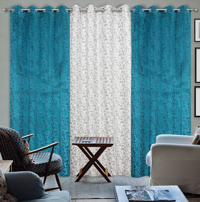 Kraftiq Homes 274 cm (9 ft) Long Door Velvet Room Darkening Curtain (Pack Of 3)(Aqua-White, Abstract)