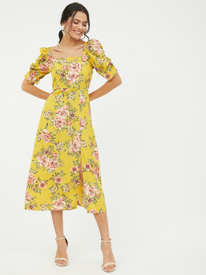 HARPA Women A-line Yellow Midi/Calf Length Dress