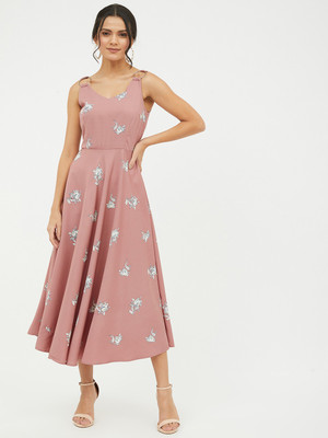 HARPA Women A-line Pink, White Midi/Calf Length Dress