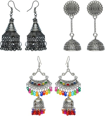 YOTOG Designer Black and Silver Oixidised 3 Jhumki Earrings Combo Set. Includes Fancy Traditional Multicolor Kashmiri Jhumki Earrings for Girls and Women Alloy, Brass Drops & Danglers