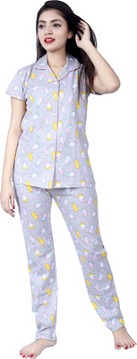 Camey Women Printed Grey Shirt & Pyjama set