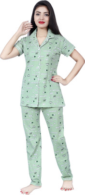 Camey Women Printed Green Shirt & Pyjama set