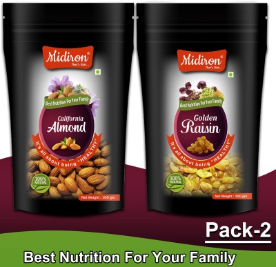 Midiron California Almond & Golden Raisin Combo Pack| Dryfruit Combo Pack-2 (100gm Each) Almonds, Raisins(2 x 100 g)