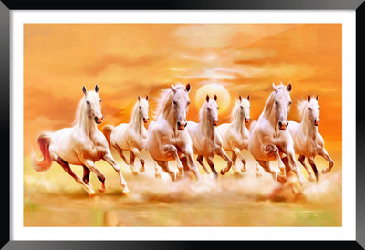 DBrush 7 Running White Horses Photo Framed with Glass Vastu Blessing Yellow Artwork Digital Reprint 12 inch x 18 inch Painting(With Frame)