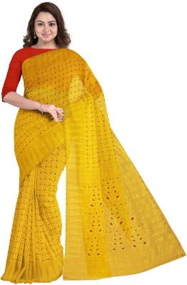 Bong ButiQ Woven Jamdani Cotton Blend Saree(Yellow)