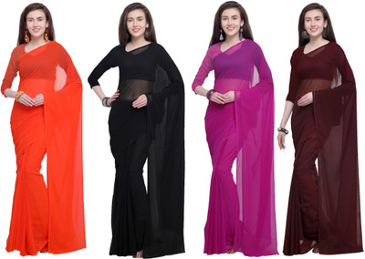 Anand Sarees Solid/Plain Daily Wear Chiffon Saree(Pack of 4, Multicolor)