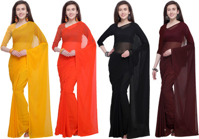 kashvi sarees Solid/Plain Daily Wear Chiffon Saree(Pack of 4, Orange, Yellow)