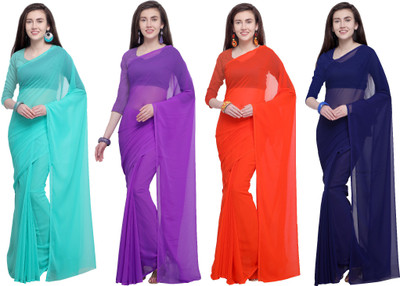 kashvi sarees Solid/Plain Daily Wear Chiffon Saree(Pack of 4, Purple, Light Blue)