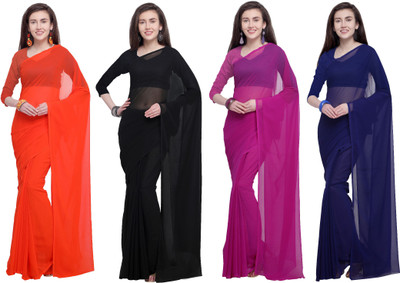 Anand Sarees Solid/Plain Daily Wear Chiffon Saree(Pack of 4, Multicolor)