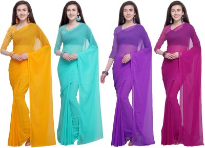 kashvi sarees Solid/Plain Bollywood Chiffon Saree(Pack of 4, Purple, Light Blue, Pink, Yellow)