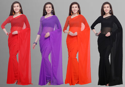 kashvi sarees Solid/Plain Daily Wear Chiffon Saree(Pack of 4, Purple, Red, Black)