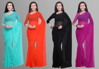 kashvi sarees Solid/Plain Bollywood Chiffon Saree(Pack of 4, Light Blue, Black, Pink, Orange)