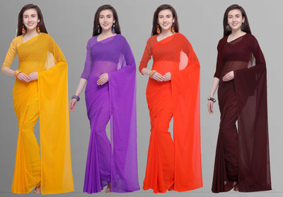 kashvi sarees Solid/Plain Bollywood Chiffon Saree(Pack of 4, Purple, Brown, Orange, Yellow)