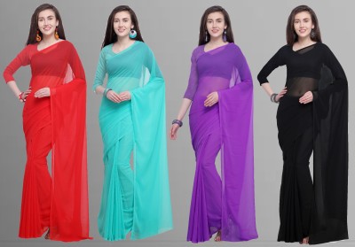 Anand Sarees Solid/Plain Bollywood Chiffon Saree(Pack of 4, Purple, Light Blue, Red, Black)