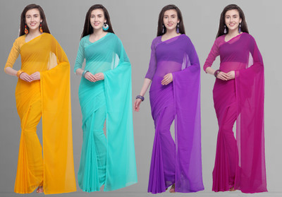 kashvi sarees Solid/Plain Bollywood Chiffon Saree(Pack of 4, Purple, Light Blue, Pink, Yellow)