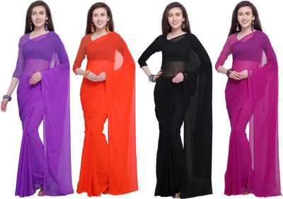 Anand Sarees Solid/Plain Daily Wear Chiffon Saree(Pack of 4, Black, Pink)