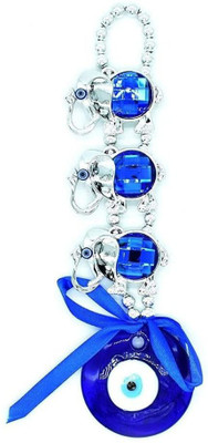 Dalvkot Three Elephant Evil Eye Nazar Suraksha Wall and Car Hanging for Good Luck Prosperity & Success Decorative Showpiece  -  25 cm(Crystal, Blue, Silver)