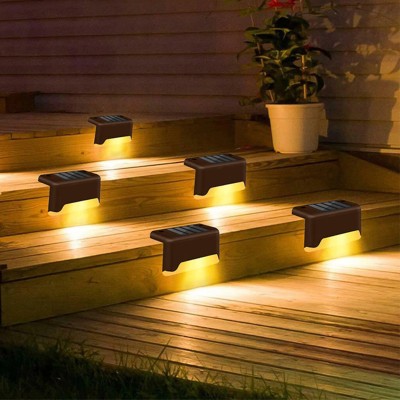 Epyz Solar Step Warm Yellow Lights,LED Solar Powered Deck Lights Waterproof Outdoor Lighting for Steps Stairs Paths Garden Fences Pathway,Outdoor Solar Deck Lights [ Brown ] Solar Light Set(Free Standing Pack of 4)