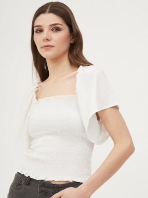 HARPA Casual Short Sleeve Solid Women White Top