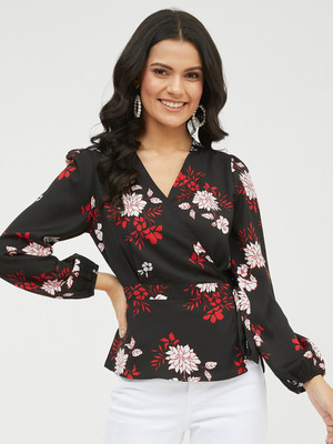 HARPA Casual Full Sleeve Printed Women Black Top