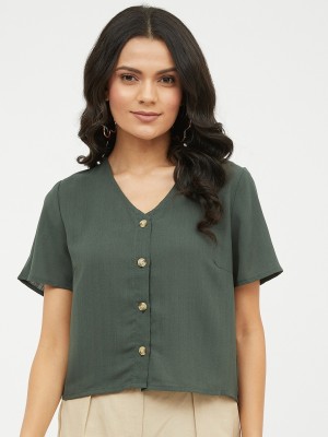 HARPA Casual Half Sleeve Solid Women Green Top