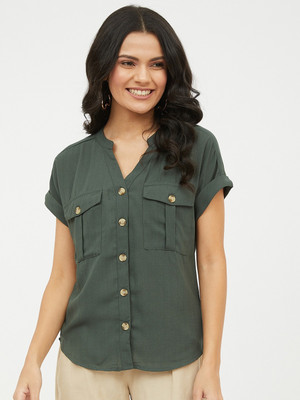 HARPA Casual Short Sleeve Solid Women Green Top