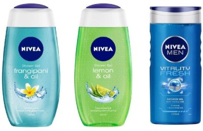 NIVEA Shower Gel - Frangipani & Oil , Lemon & Oil , Vitality Fresh 250 Ml each (Pack of 3)(3 x 250 ml)