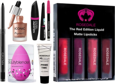 Crynn Smudge Proof Waterproof Rosedale Kajal & Studio Professional Iconic Original's Illuminator Highlighter & Beauty Blender Sponge Puff & Illuminating Matte Face Primer & 3in1 Eyeliner , Mascara , Eyebrow Pencil & Red Ediiton Liquid Matte Lipstick(11 Items in the set)