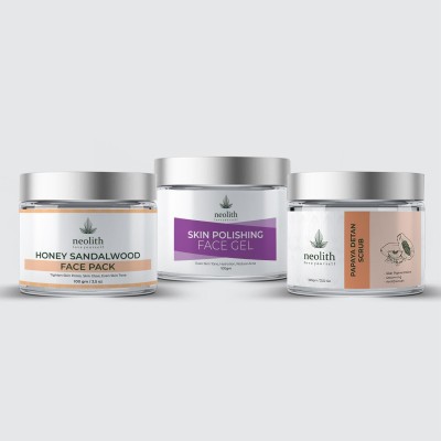 NEOLITH Skin De tan, Polishing and Moisturizer Kit Set of 3 (Honey Sandalwood Face Pack, Skin Polishing Gel, Papaya Detan Face Scrub) || De Tan, Polishing, Brightening, Oil Control, Moisturizing, Nourishing || Organic || For Women & Men || 300 gm(3 Items in the set)