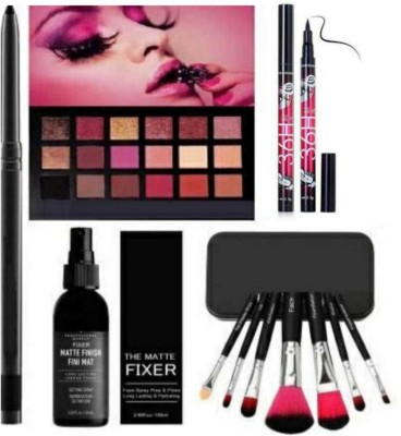 FUSION FLY Smudge Proof Essential Makeup HD14 Beauty Kajal & Professional Set of 7 Makeup Brush & Rose Gold New York Edition Eyeshadow Palette & The Matte Fixer Face Spray & 36 H Deep Black Eyeliner(12 Items in the set)