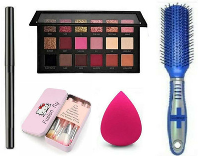 FUSION FLY Smudge Proof Essentials Makeup HD14 Beauty Kajal & ROSE GOLD EYE SHADOW MAKE UP PALETTE & BEAUTY BLENDER & SET OF 7 MAKE UP BRUSH & ROUND HAIR COMB(5 Items in the set) FUSION FLY Smudge Proof Essentials Makeup HD14 Beauty Kajal & ROSE GOLD EYE SHADOW MAKE UP PALETTE & BEAUTY BLENDER & SET OF 7 MAKE UP BRUSH & ROUND HAIR COMB(5 Items in the set)