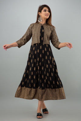 Dulari Women Printed Flared Kurta(Black)
