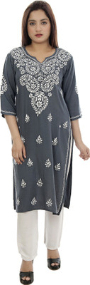 club fashion Women Printed Straight Kurta(Grey)