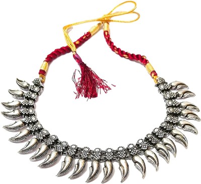 JDDCART Designer tusk Necklace with Beads Intertwined in Maroon Thread Tribal Choker Antique Finish for Ethnic and Traditional Dresses Brass Necklace