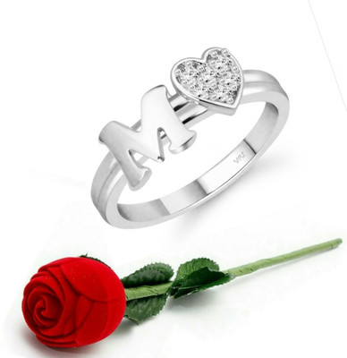 VIGHNAHARTA Vighnaharta cz alloy Rhodium plated Valentine collection Initial '' M '' Letter with heart ring alphabet collection with Scented Velvet Rose Ring Box for women and girls and your Valentine. Alloy Cubic Zirconia Rhodium Plated Ring