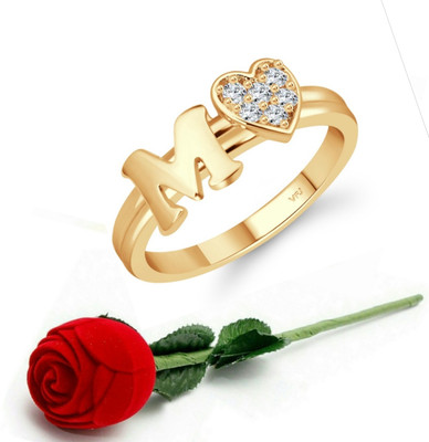 VIGHNAHARTA Vighnaharta cz alloy Gold plated Valentine collection Initial '' M '' Letter with heart ring alphabet collection with Scented Velvet Rose Ring Box for women and girls and your Valentine. Alloy Cubic Zirconia Gold Plated Ring