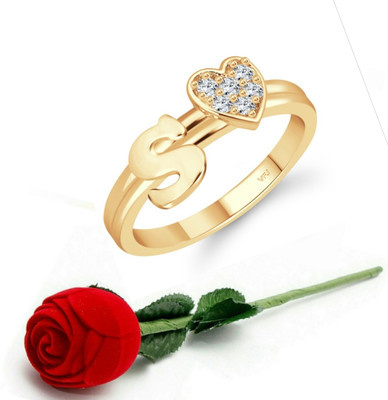 VIGHNAHARTA Vighnaharta cz alloy Gold plated Valentine collection Initial '' S '' Letter with heart ring alphabet collection with Scented Velvet Rose Ring Box for women and girls and your Valentine. Alloy Cubic Zirconia Gold Plated Ring