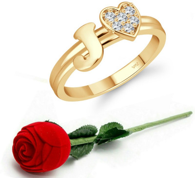 VIGHNAHARTA Vighnaharta cz alloy Gold plated Valentine collection Initial '' J '' Letter with heart ring alphabet collection with Scented Velvet Rose Ring Box for women and girls and your Valentine. Alloy Cubic Zirconia Gold Plated Ring